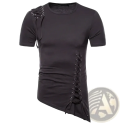 Black gothic slim fit short sleeve t-shirt with asymmetrical lace up detailing on shoulder and side in cotton material