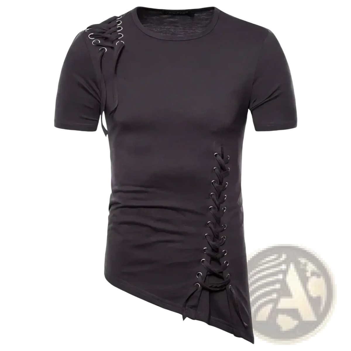 Black gothic slim fit short sleeve t-shirt with asymmetrical lace up detailing on shoulder and side in cotton material