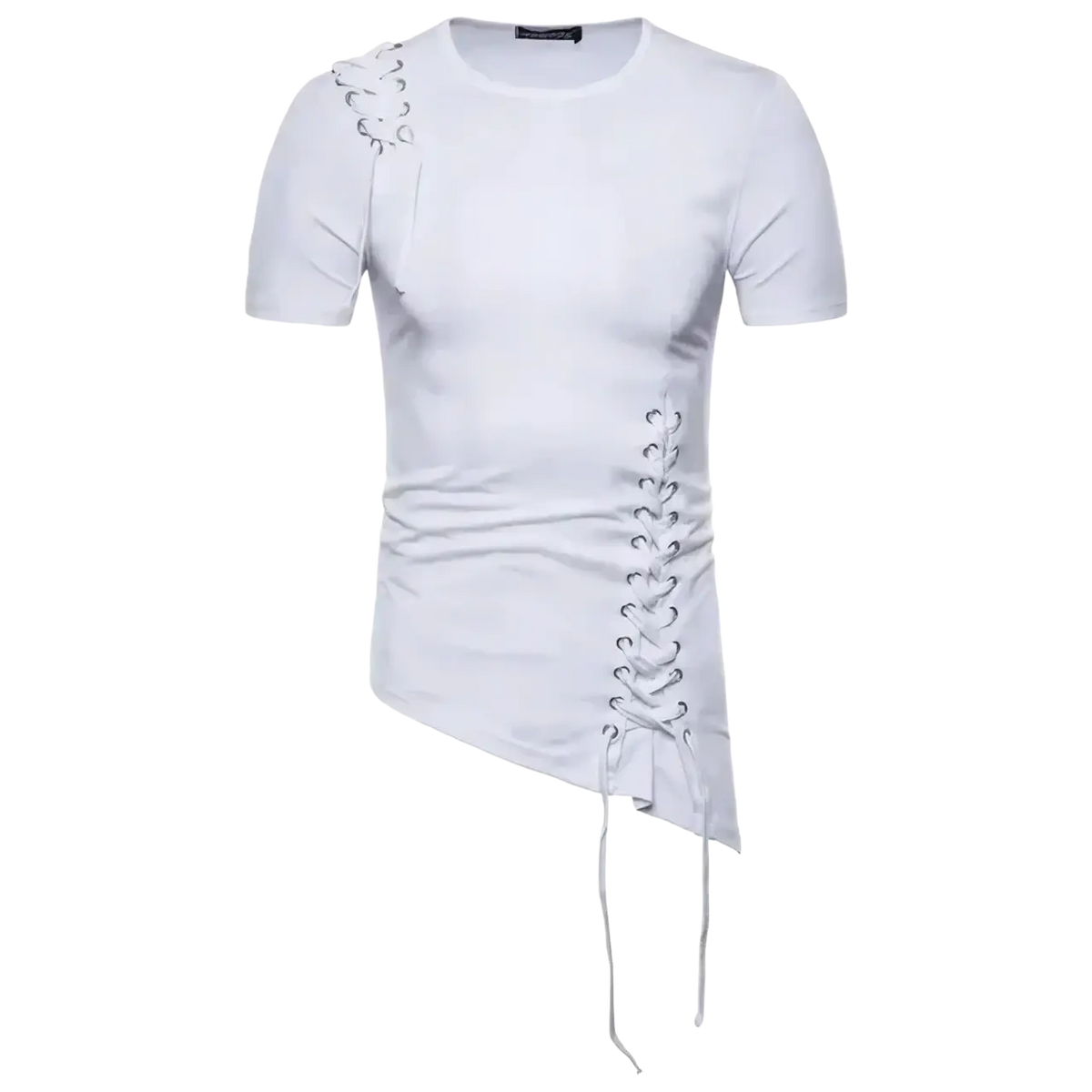 White slim fit short sleeve gothic t-shirt with asymmetrical lace up detailing on shoulder and side