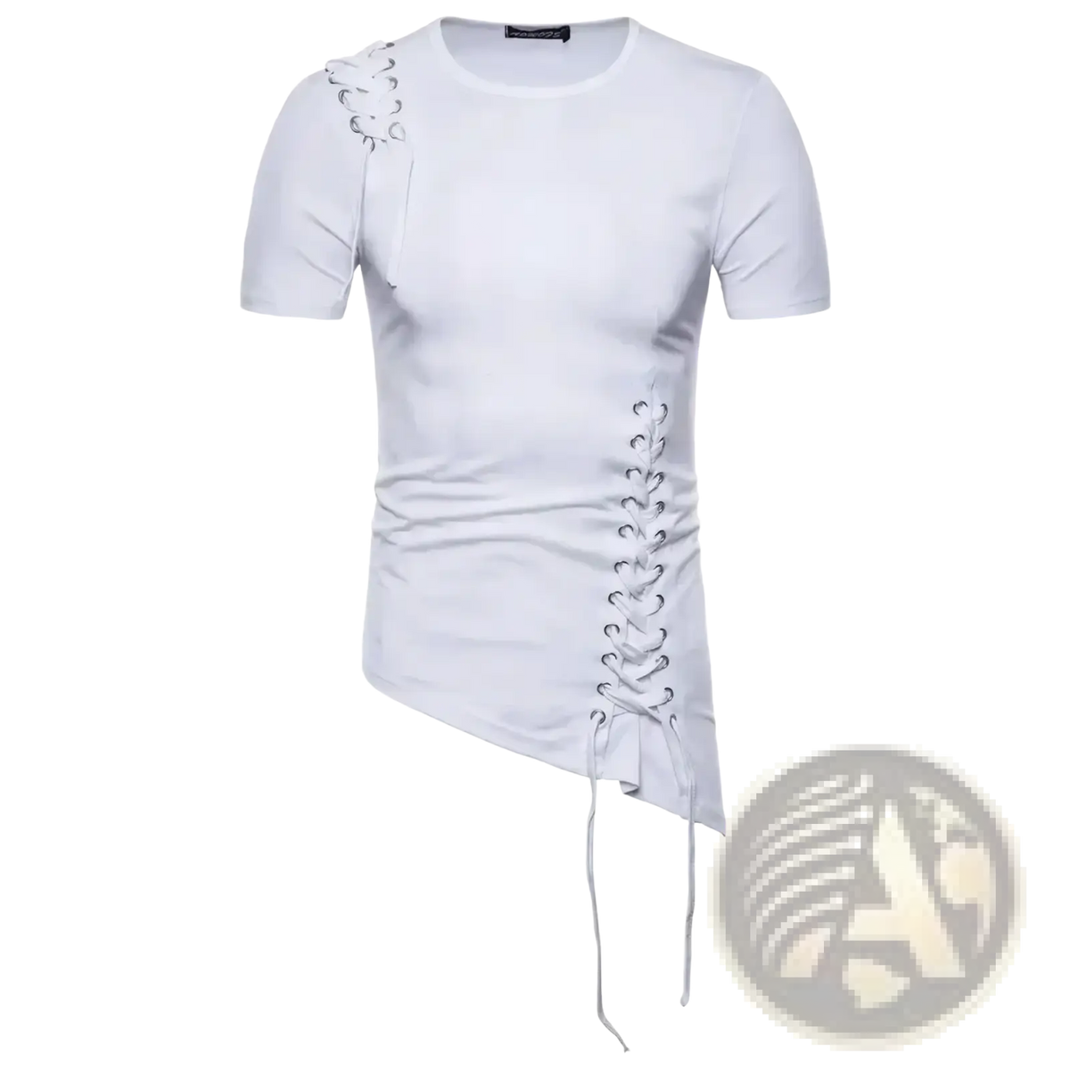 White gothic lace up slim fit short sleeve men’s t-shirt with asymmetrical lace-up detailing on shoulder and side