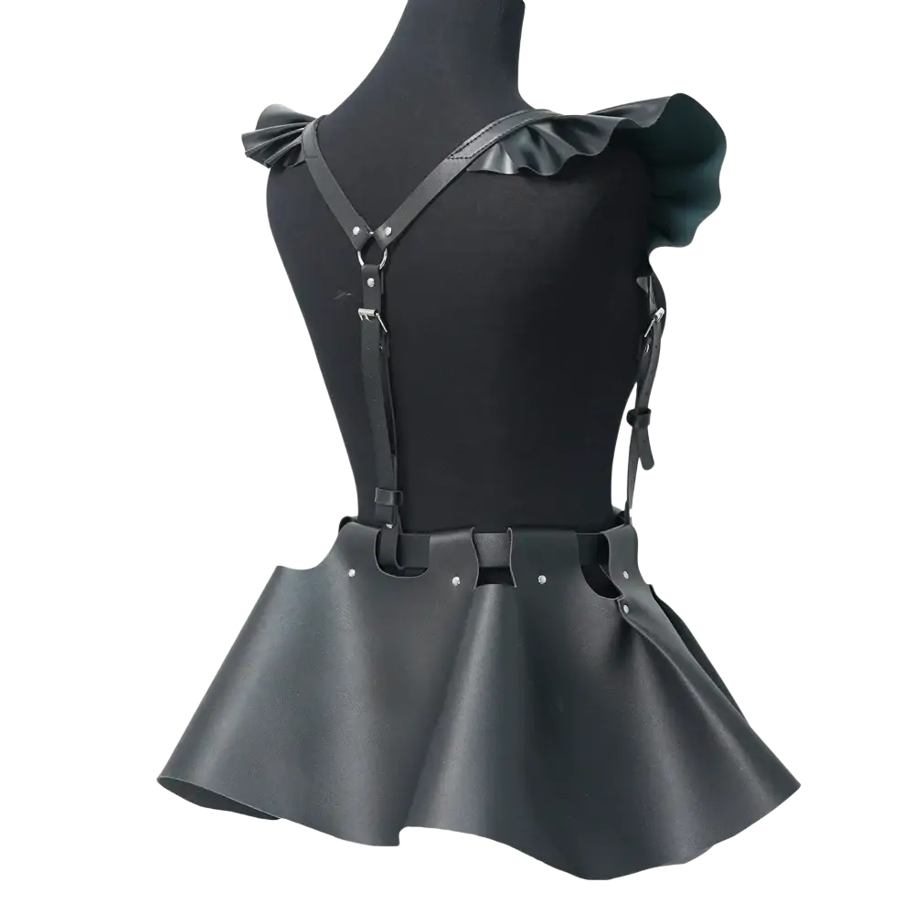 Black leather gothic harness skirt with ruffled shoulder straps and flared skirt-like lower section back view