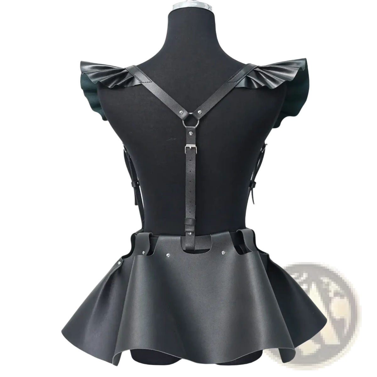 Black faux leather gothic harness skirt featuring a corset design with ruffled shoulder straps and flared hem