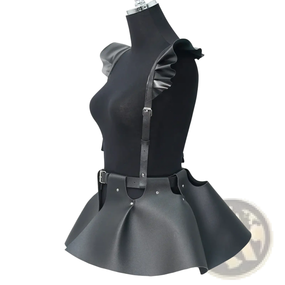 Black leather gothic harness skirt with ruffled shoulder straps and flared peplum-style hem