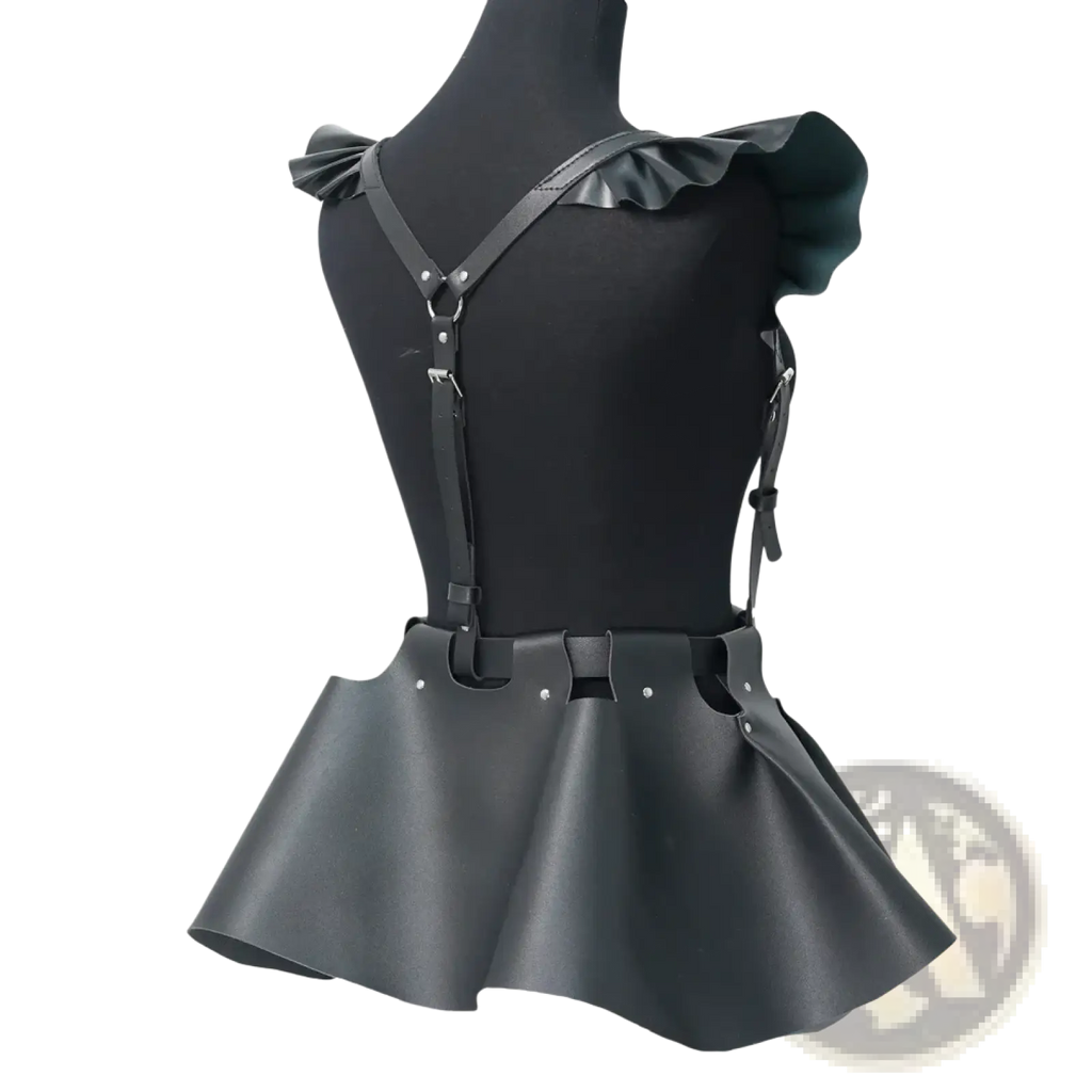 Black leather gothic harness skirt with ruffled shoulder straps and flared skirt-like lower section back view