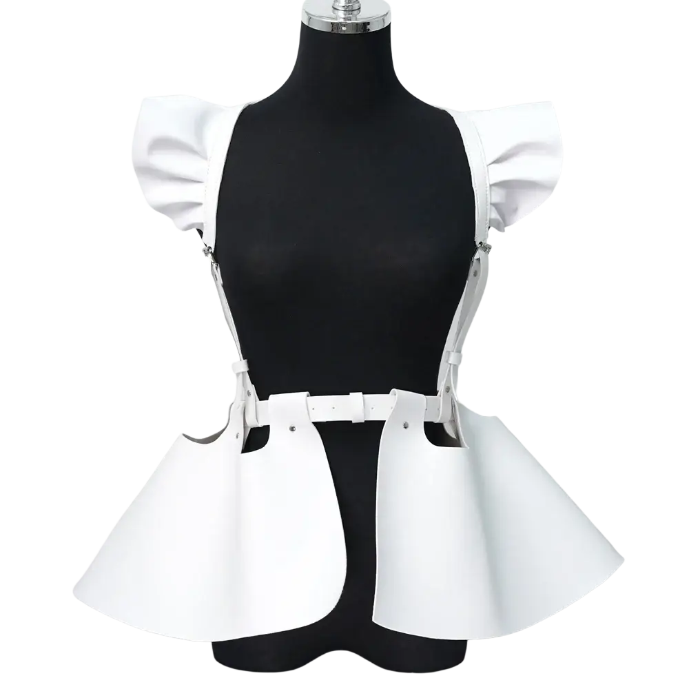 White faux leather gothic leather harness skirt with peplum belt, ruffled shoulder straps, and flared side panels