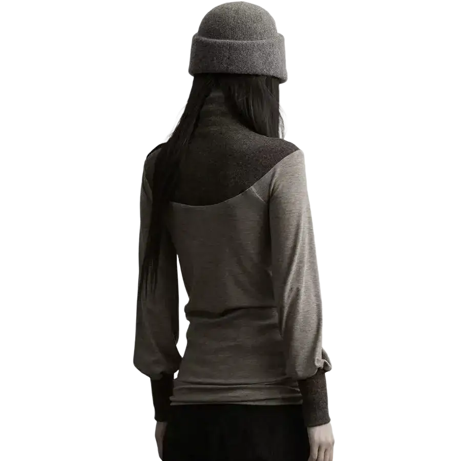 A cozy gray knit beanie with folded cuff paired with gothic long sleeve turtleneck top for height 160-165cm size