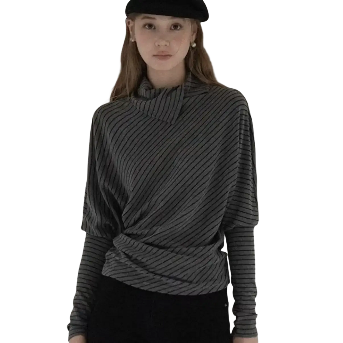 A gothic gray and black vertically striped long sleeve turtleneck top with ruffled collar for height 160-165cm size