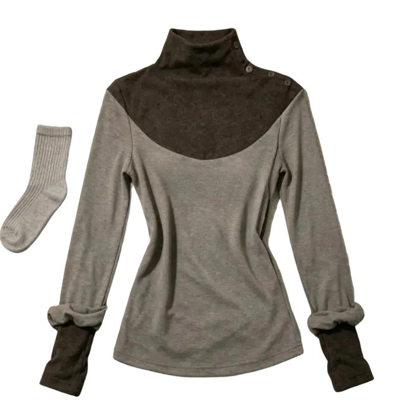 Gothic long sleeve turtleneck top in gray and dark brown with buttoned collar for height 160-165cm size