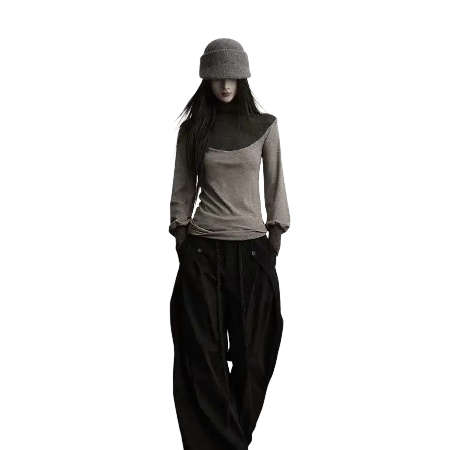 Gothic muted gray long sleeve turtleneck top with textured pattern and asymmetrical shoulder in height 160-165cm size