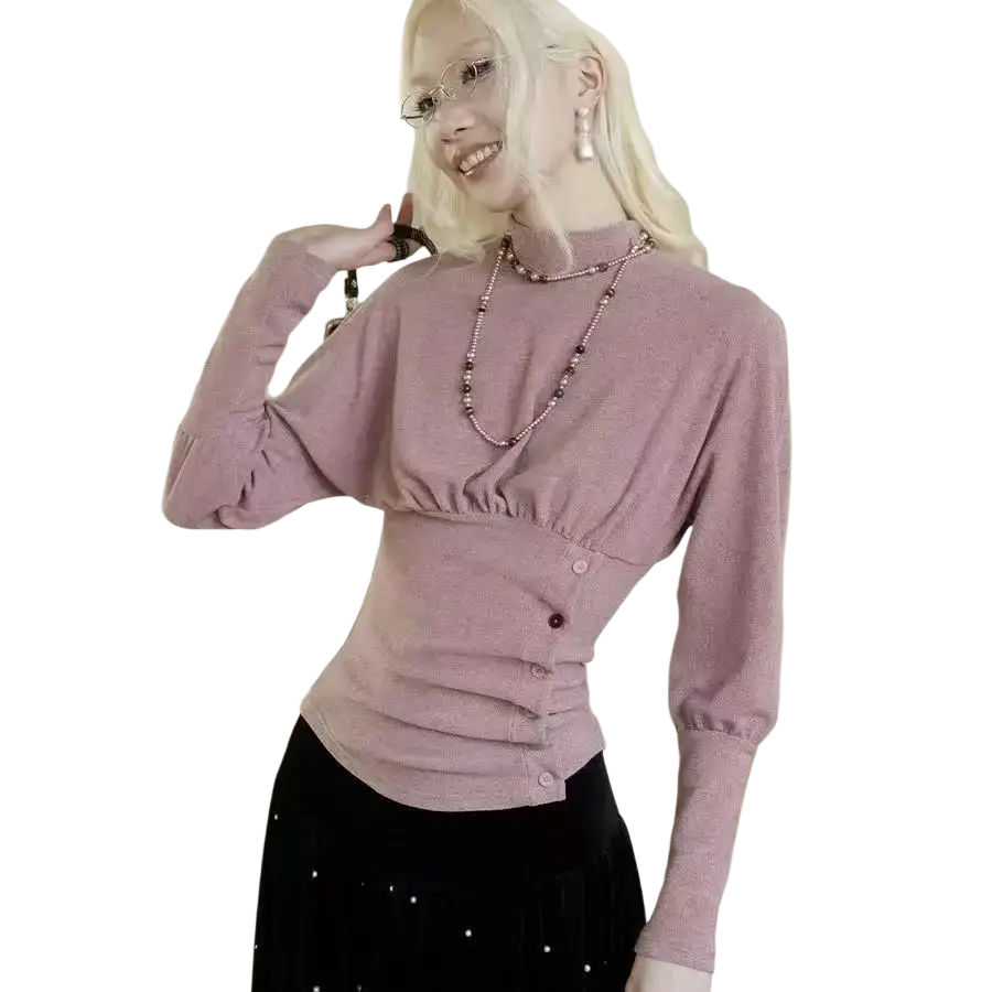 A soft pink long-sleeved knit Gothic turtleneck top with button details in height 160-165cm size