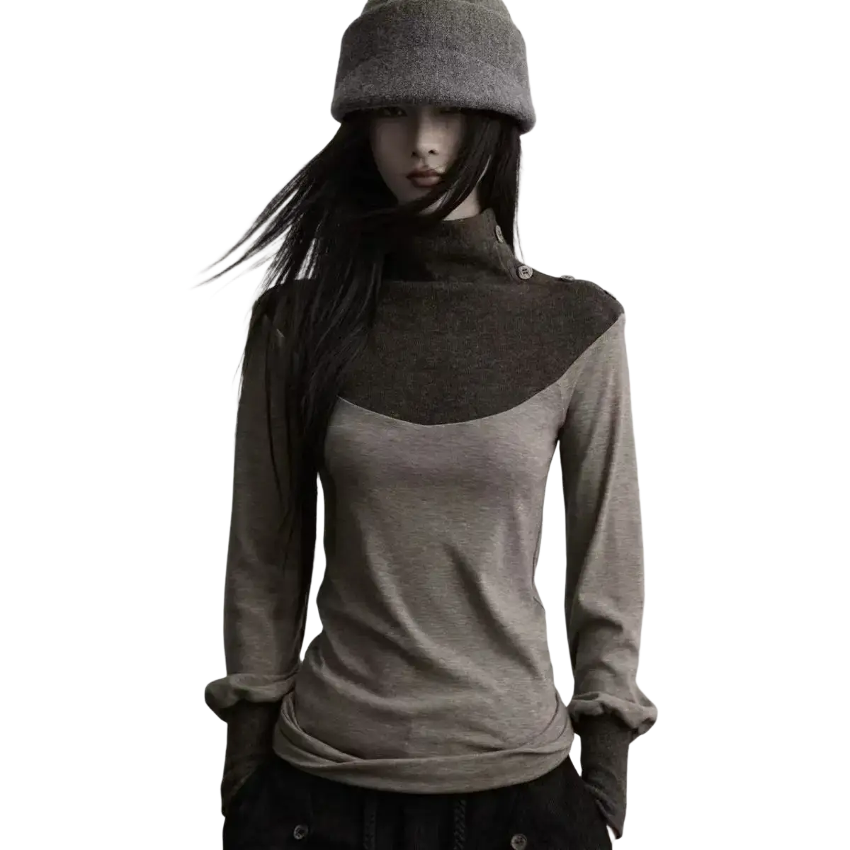 A gothic long sleeve turtleneck top in muted gray with dark brown accents for height 160-165cm size