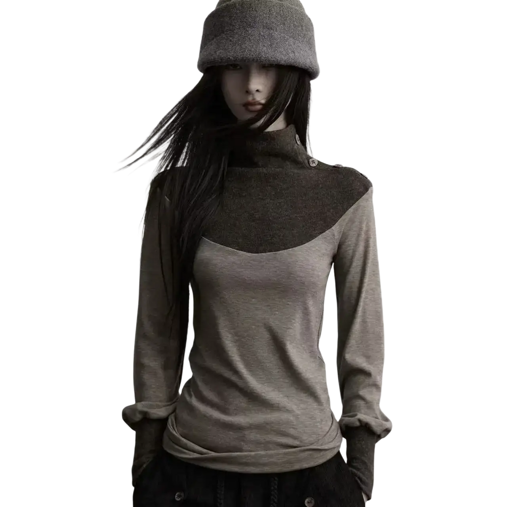 A stylish gray and dark brown gothic long sleeve turtleneck top with button accents for height 160-165cm size