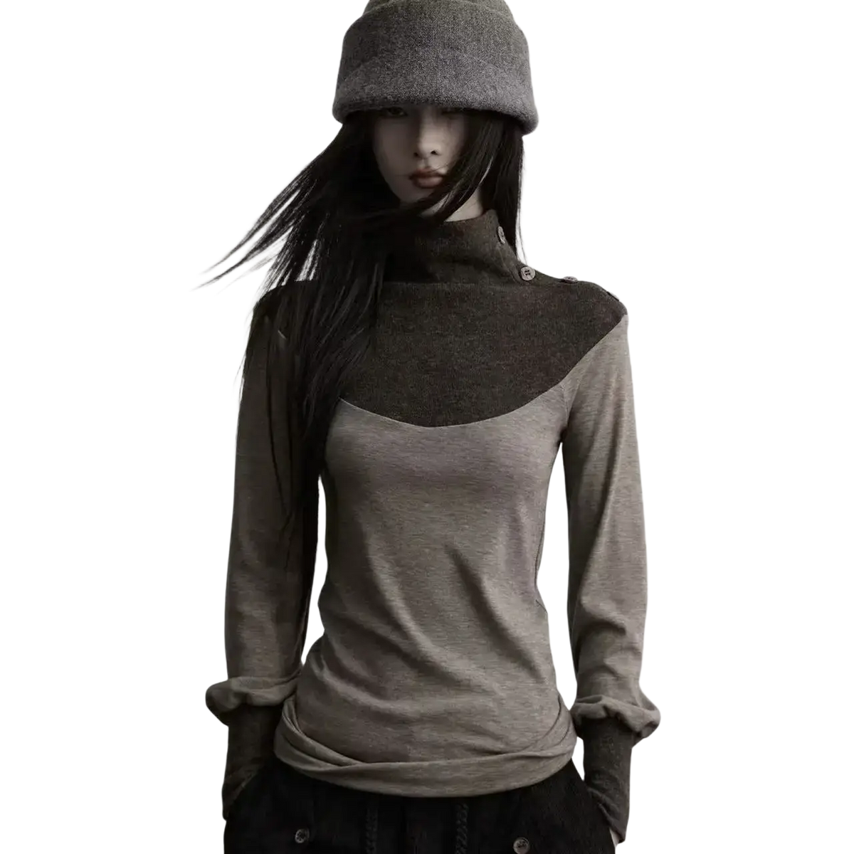 A stylish gray and dark brown gothic long sleeve turtleneck top with button accents for height 160-165cm size