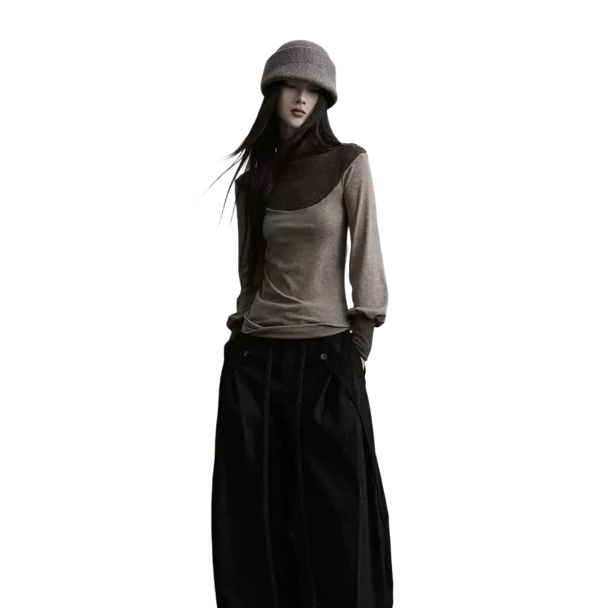 A gothic gray long sleeve turtleneck top with black panel for height 160-165cm size in 160-165cm size