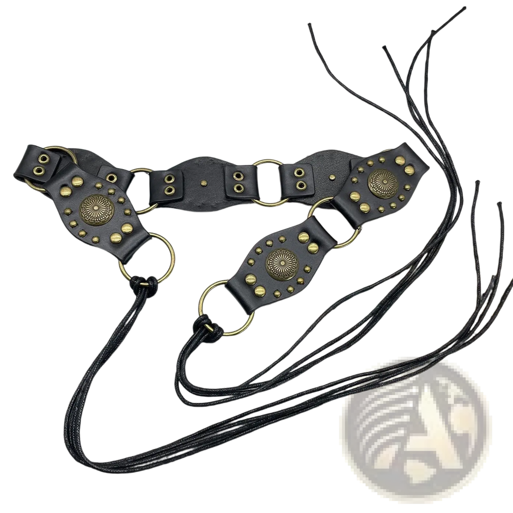 Black leather gothic punk harness belt with brass studs metal rings adjustable straps and decorative tassels