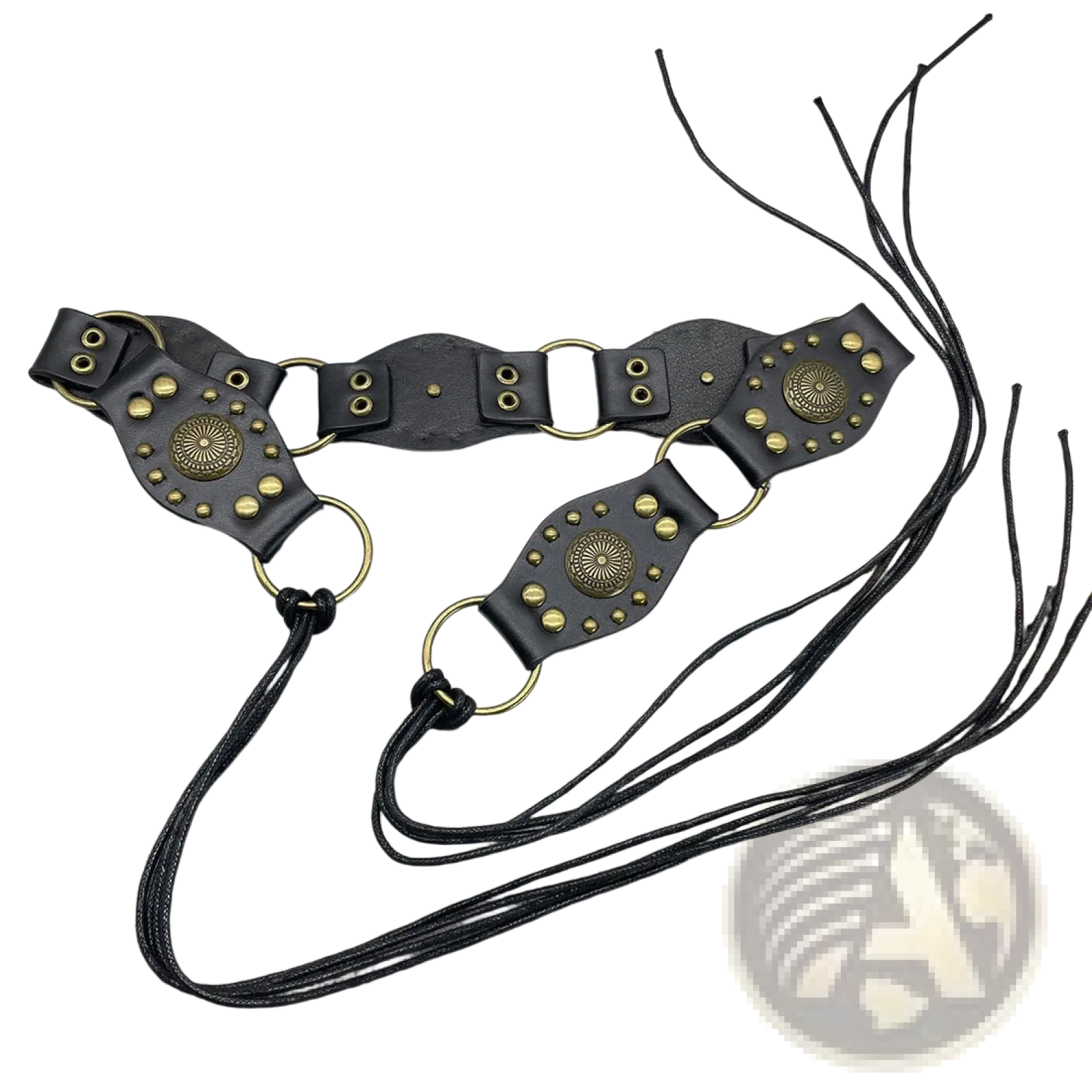 Black leather gothic punk harness belt with brass studs metal rings adjustable straps and decorative tassels