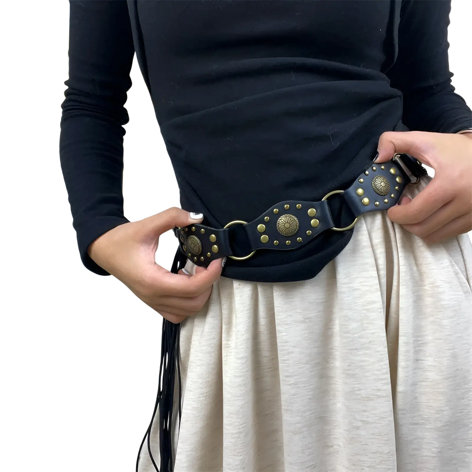 Black leather gothic punk harness belt with gold-toned circular studs and metal rings details