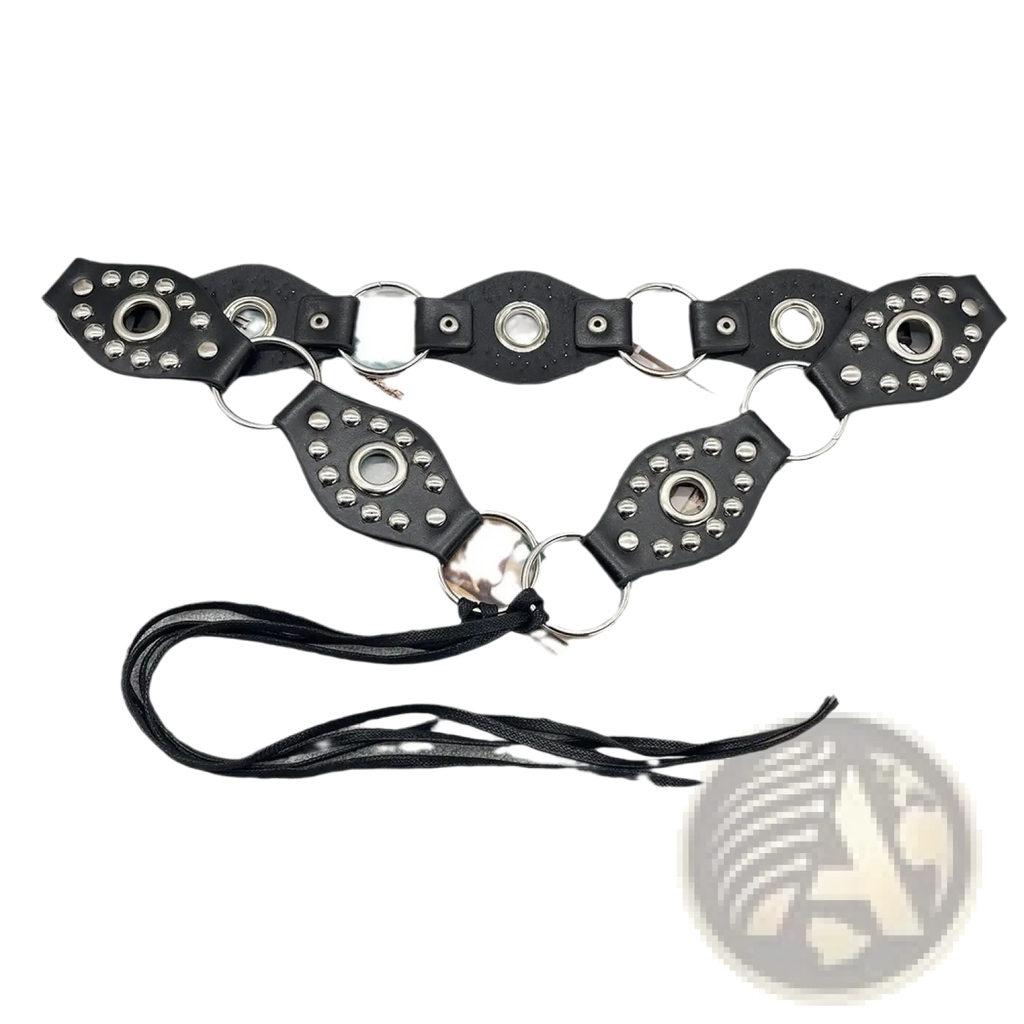 Black leather gothic punk harness belt with silver metal rings and matching black lace cord studded design