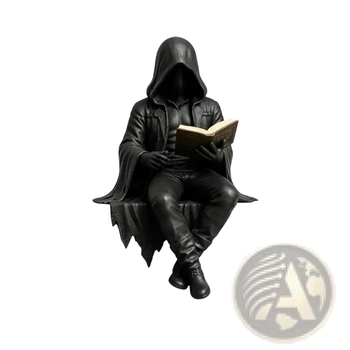 Black hooded gothic reader figurine seated with book featuring detailed sculptural design for spooky bookshelf display