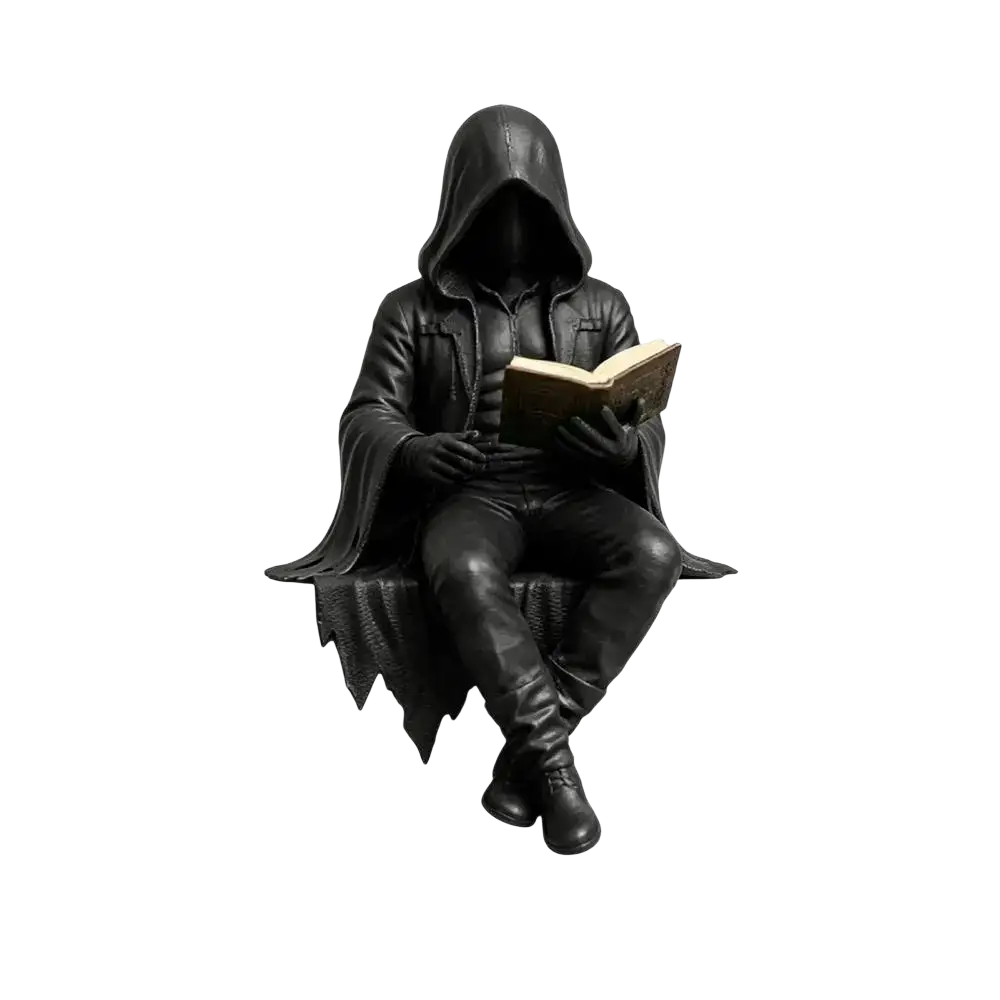 Black hooded gothic reader figurine seated reading a book spooky bookshelf statue decoration