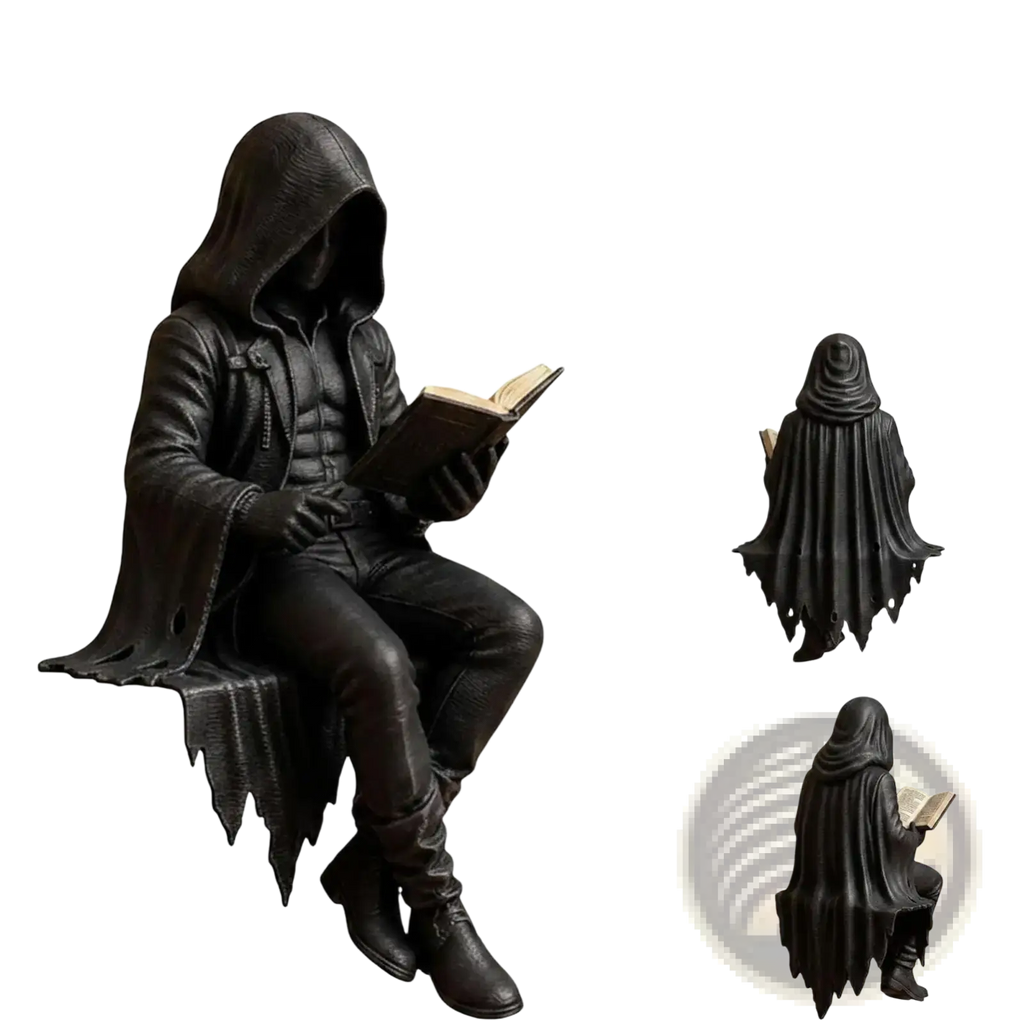 Black hooded gothic reader figurine seated with book featuring detailed sculpted fabric and leather-like texture