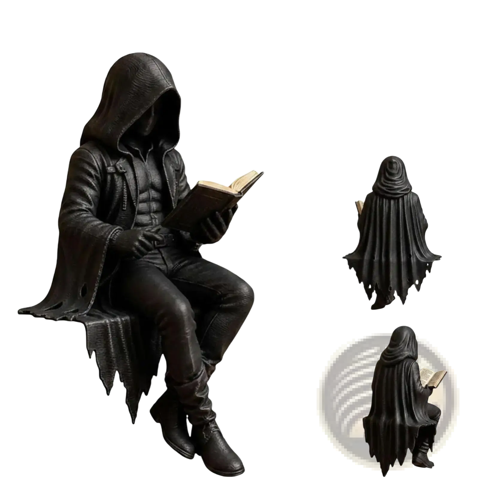 Black hooded gothic reader figurine seated with book featuring detailed sculpted fabric and leather-like texture