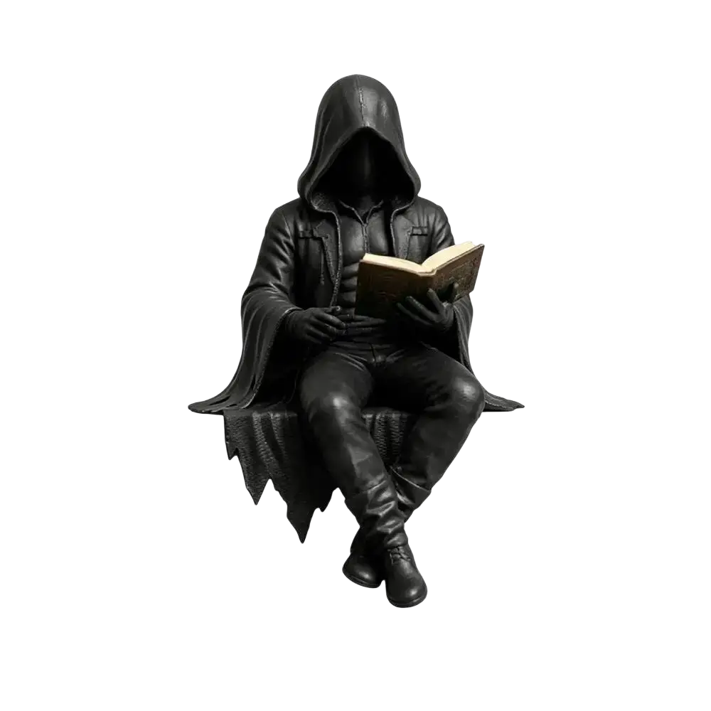 Black hooded gothic reader figurine seated with book featuring detailed sculptural design for spooky bookshelf display