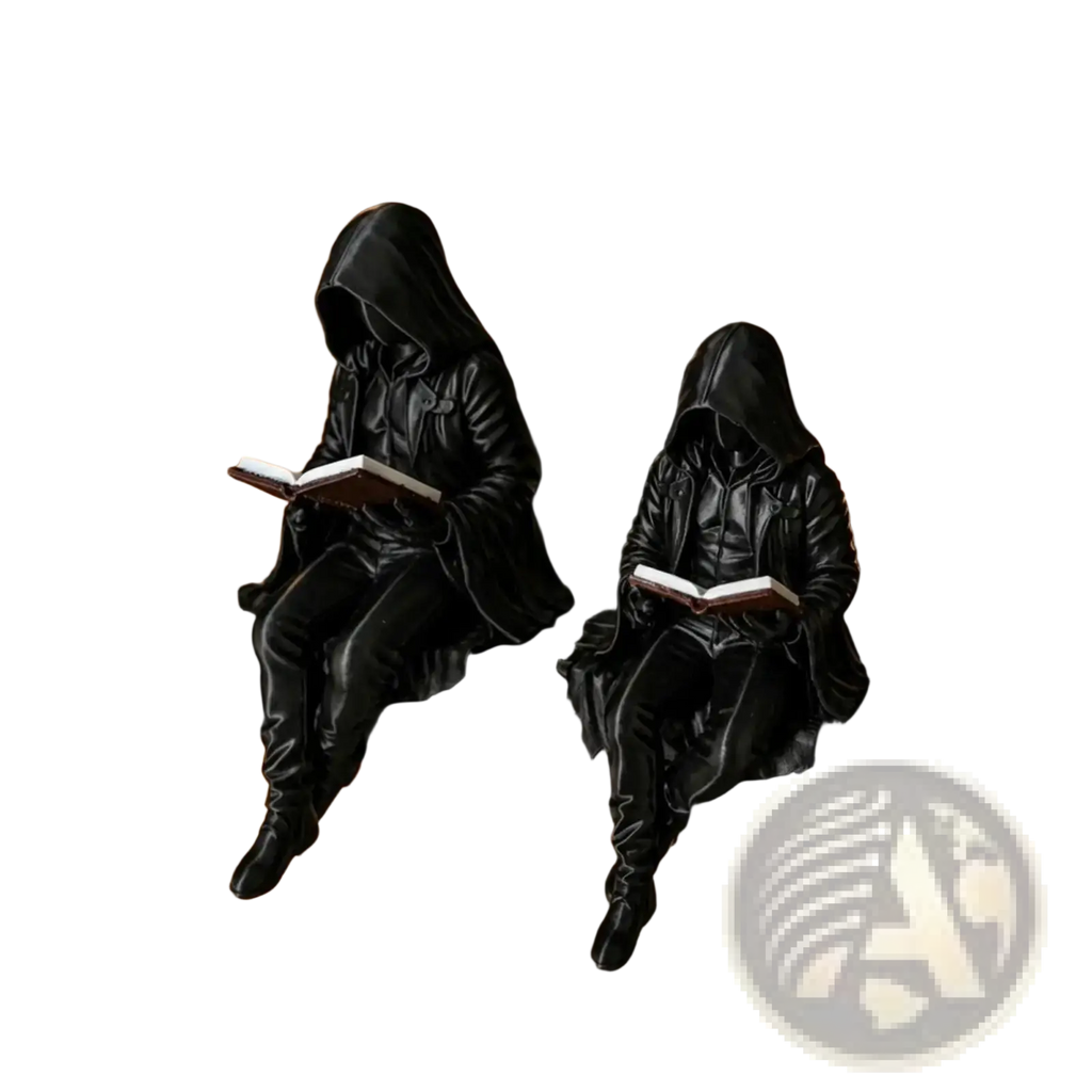 Two black glossy hooded gothic reader figurines seated and reading books spooky bookshelf statue