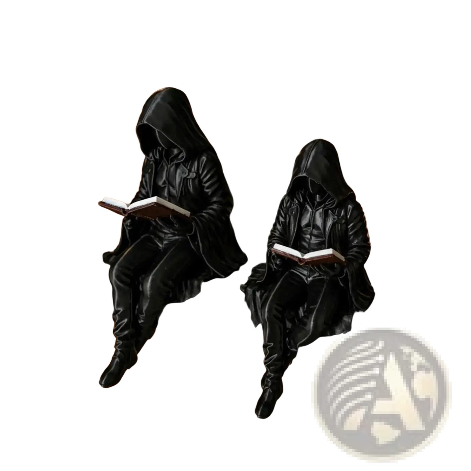 Two black glossy hooded gothic reader figurines seated and reading books spooky bookshelf statue