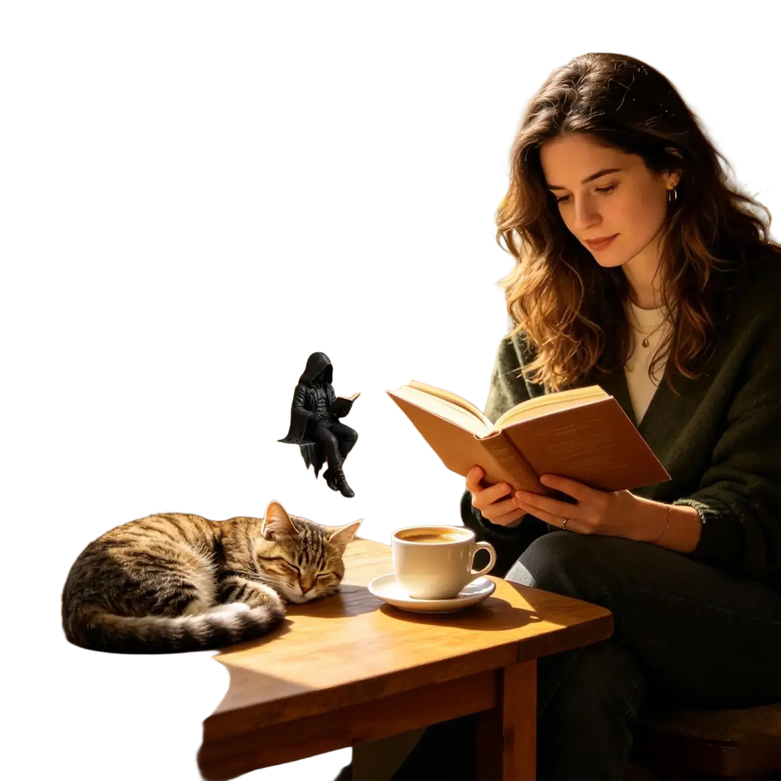 Gothic reader figurine of a woman in dark green cardigan reading by a window with coffee and sleeping tabby cat