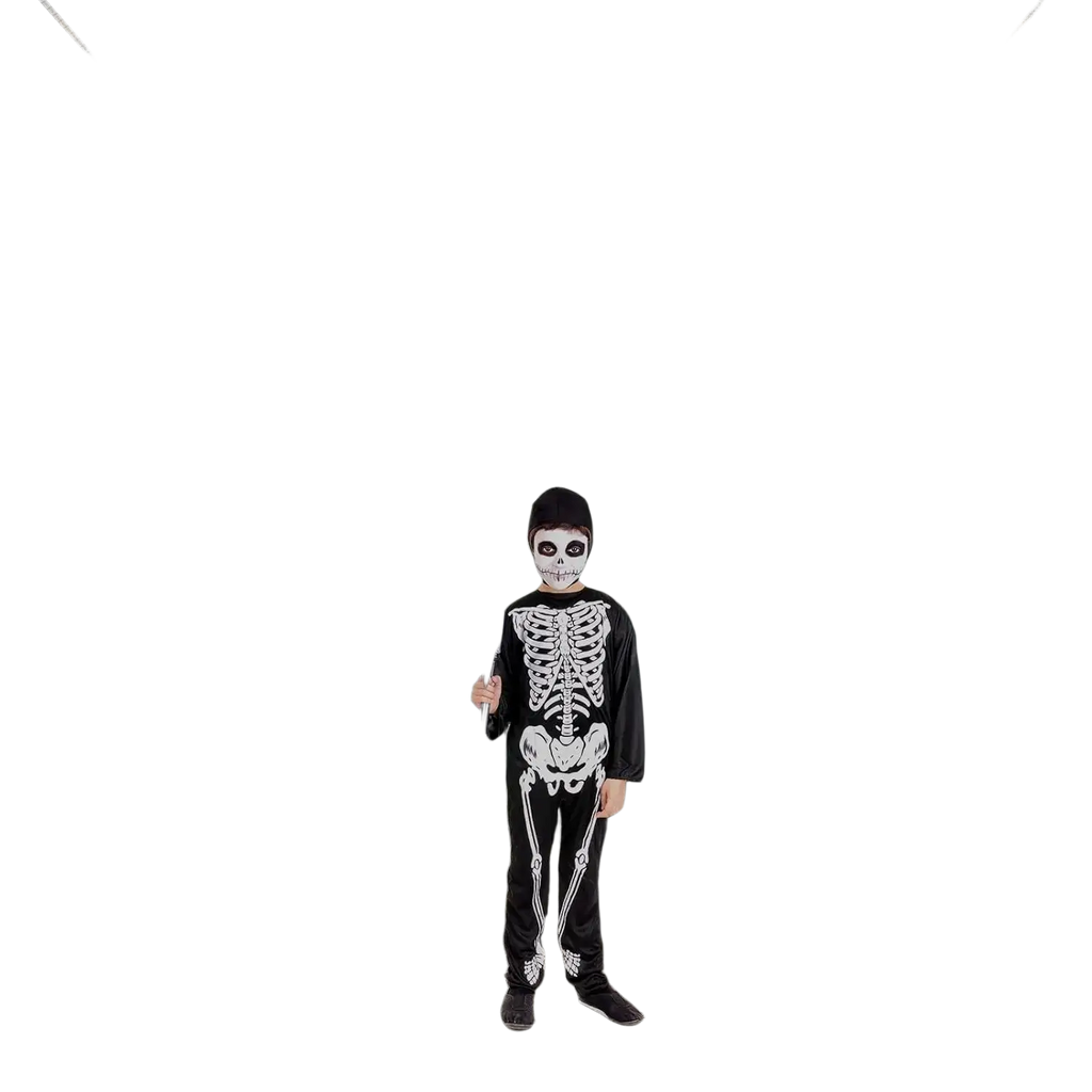 Black skeleton costume with white bone design shown on gothic skeleton archway halloween backdrop for decoration