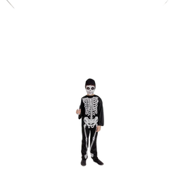 Black skeleton costume with white bone design shown on gothic skeleton archway halloween backdrop for decoration