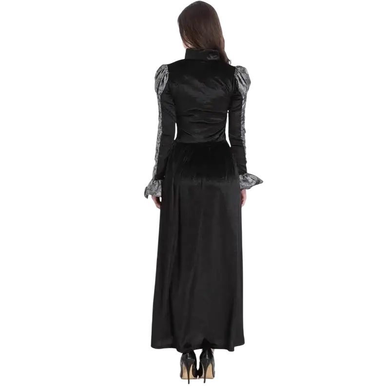 Gothic vampire queen costume black velvet gown with silver lace trim on sleeves and cuffs