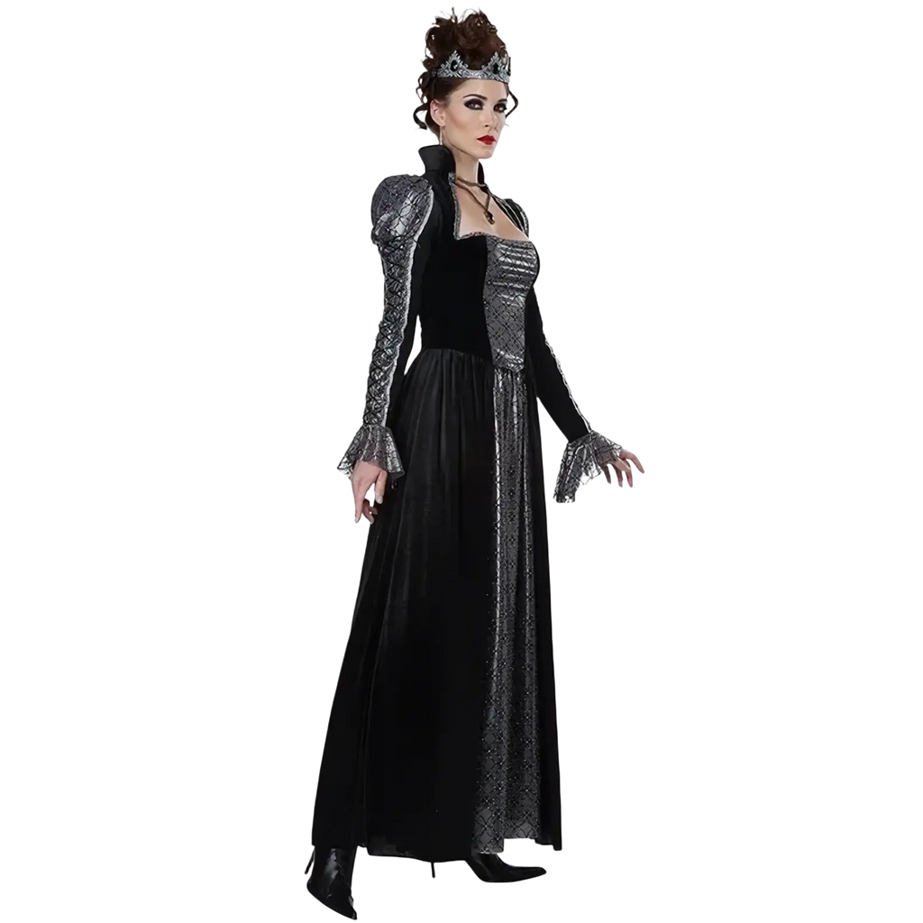 Elegant gothic vampire queen costume black velvet gown with silver lace on sleeves and front panel paired with silver tiara