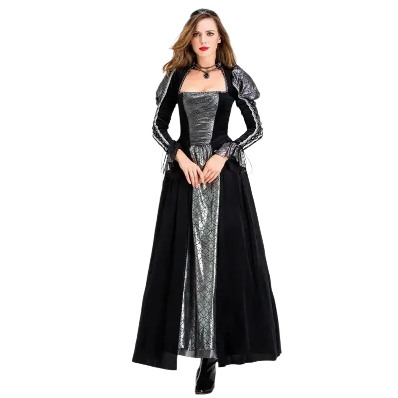 Elegant gothic vampire queen costume black velvet gown with silver metallic embroidery fitted bodice and puffed sleeves