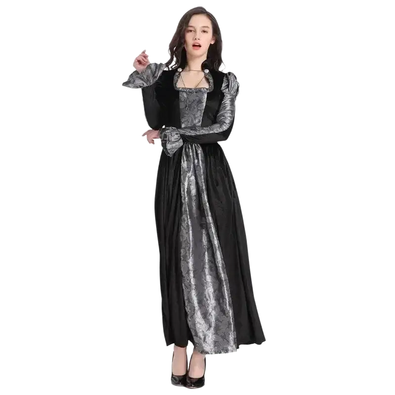 Elegant black velvet gothic vampire queen costume gown with silver damask, puffed sleeves, square neckline, and flowing skirt