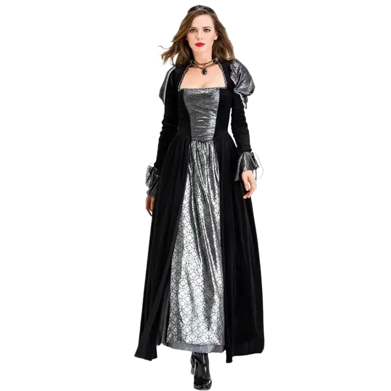 Elegant black and silver gothic vampire queen costume gown with velvet bodice metallic patterned skirt and puffed sleeves
