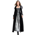 Elegant black and silver gothic vampire queen costume gown with velvet bodice metallic patterned skirt and puffed sleeves