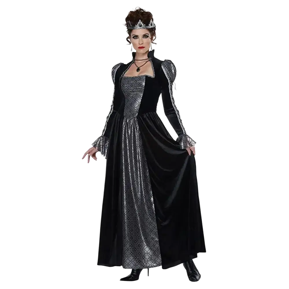 Black and silver velvet gown with intricate metallic embroidery for gothic vampire queen costume