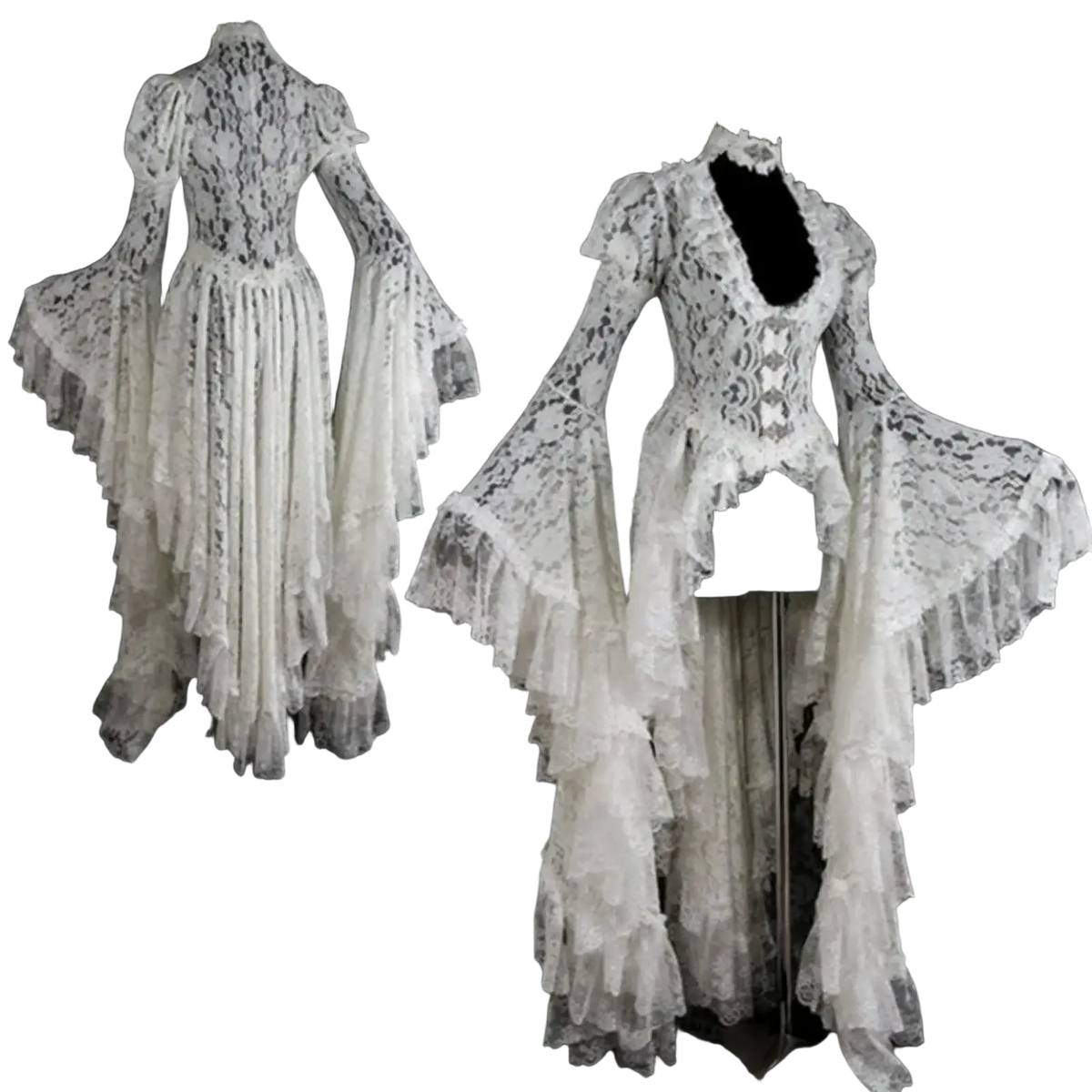 White lace gothic evening gown featuring bell sleeves and layered ruffles for elegant formal occasions