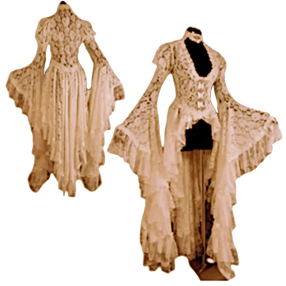 An elegant gothic white lace evening gown with bell sleeves and layered ruffles in Victorian style