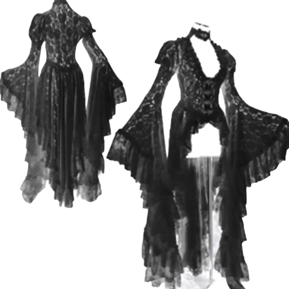 Elegant black lace gothic gown with layered ruffles and bell sleeves in a gothic white lace evening gown style