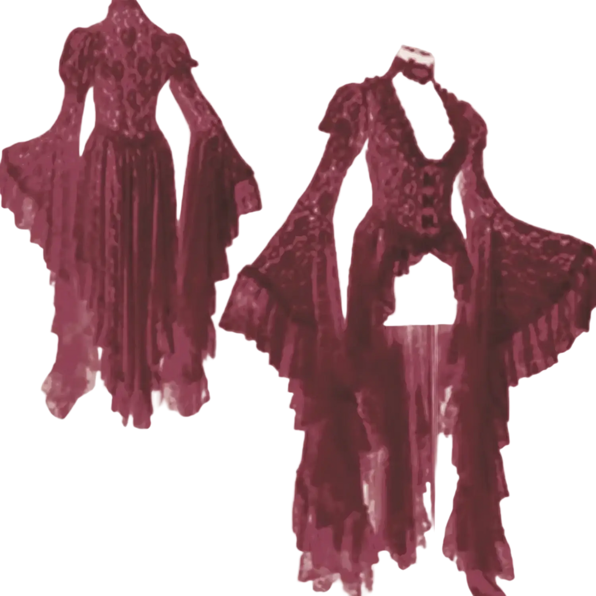 Elegant burgundy lace gown with voluminous bell sleeves and layered ruffles for gothic white lace evening wear