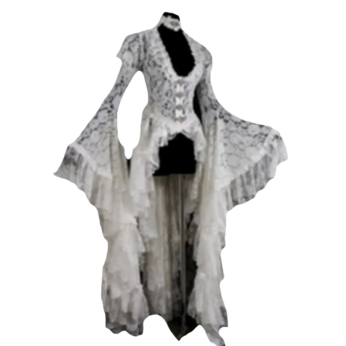 Elegant gothic white lace evening gown featuring ivory lace, flowing sleeves, and layered ruffles