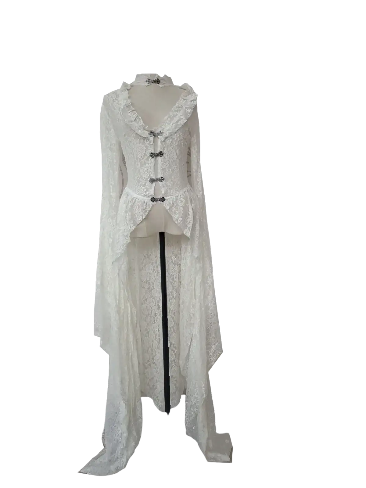 White lace gothic white lace evening gown with fitted bodice, ruffled collar, and flowing cape-like skirt