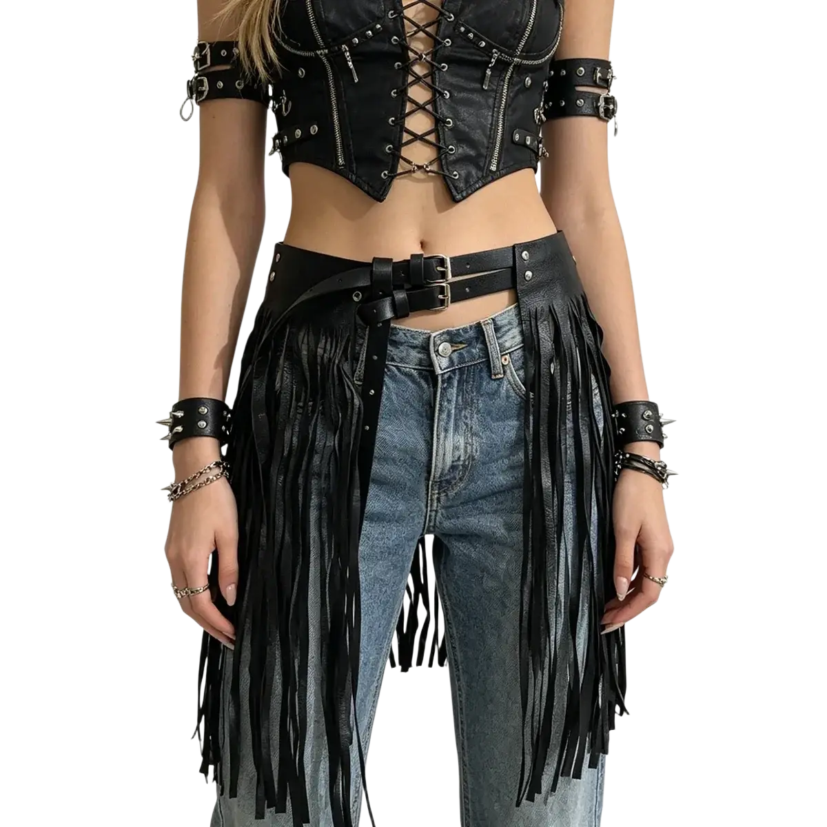 Black leather gothic wide elastic corset belt with fringe, silver-toned hardware, and studded accents