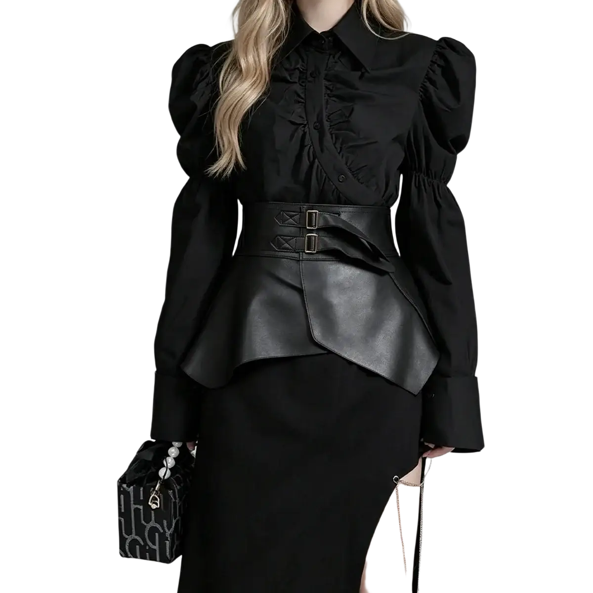 Black satin blouse with puffed sleeves and peplum hem paired with gothic wide elastic corset belt in black leather