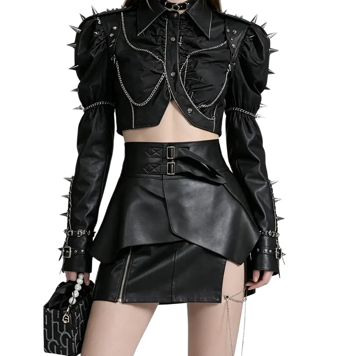Black spiked leather jacket with silver chains and studs complementing gothic wide elastic corset belt design
