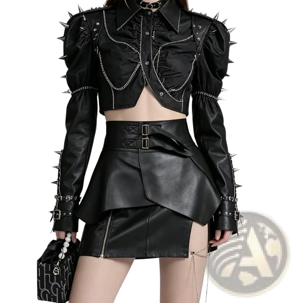 Black spiked leather jacket with silver chains and studs complementing gothic wide elastic corset belt design