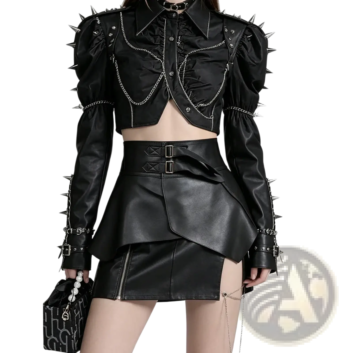 Black spiked leather jacket with silver chains and studs complementing gothic wide elastic corset belt design